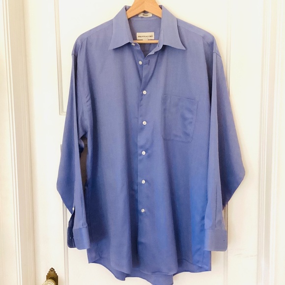 Pronto Uomo 80’s 2ply Cotton Men's 16 32/33 Blue Herringbone Shirt Non-iron Flaw - Picture 1 of 11